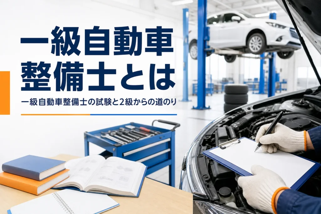 一級自動車整備士の試験の内容と、2級からなるまでの道のりを紹介する記事のアイキャッチ。整備工場のリフトと点検記録のバインダー