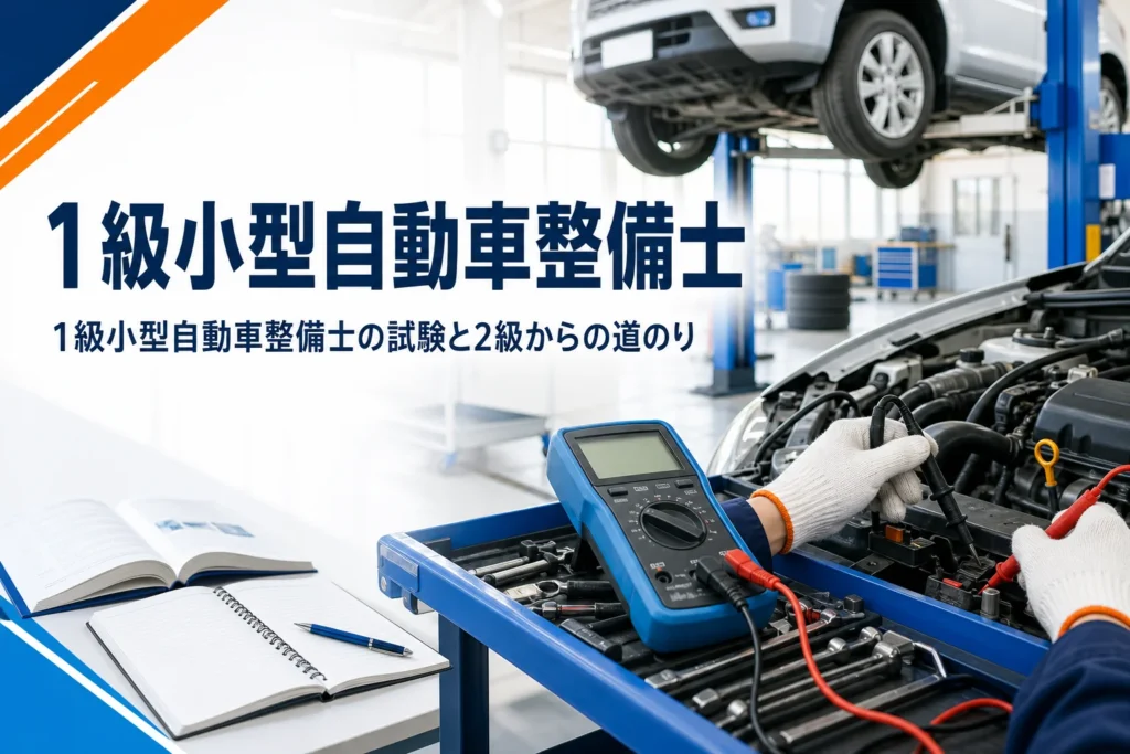 1級小型自動車整備士の試験の内容と2級からの道のりを紹介する記事のアイキャッチ。整備工場のリフトとテスタ