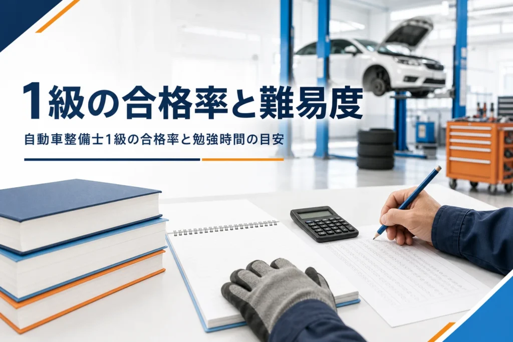 自動車整備士1級の合格率・難易度と勉強時間の目安を紹介する記事のアイキャッチ。教科書と答案用紙が置かれた机