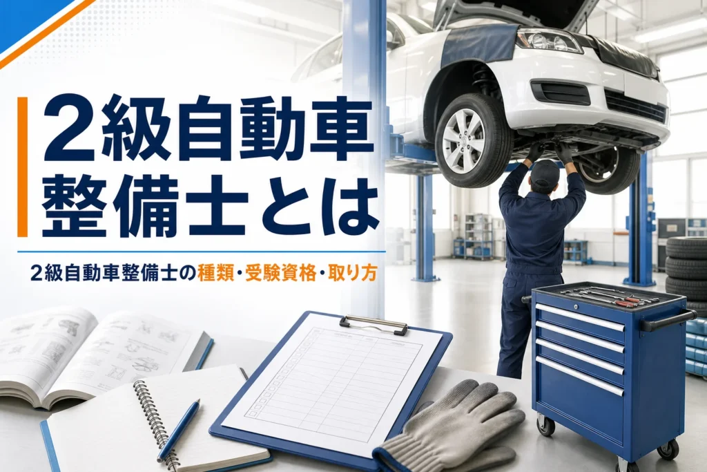 2級自動車整備士の種類・受験資格・取り方を紹介する記事のアイキャッチ。整備工場のリフトと工具ワゴン