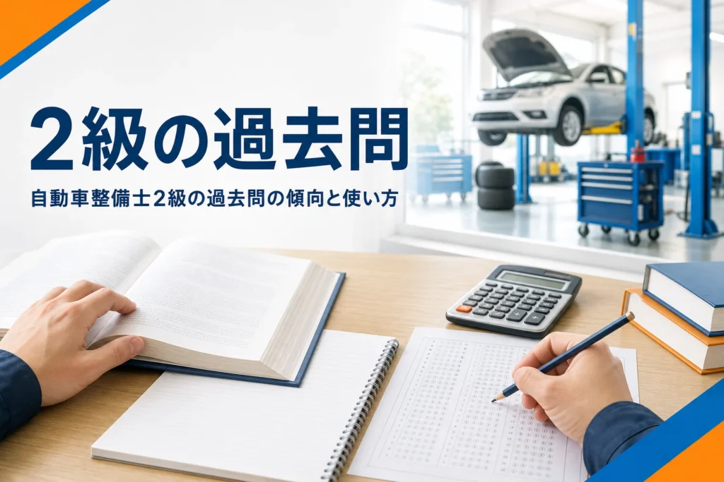 自動車整備士2級の過去問の傾向と使い方を紹介する記事のアイキャッチ。教科書とマークシートが置かれた机