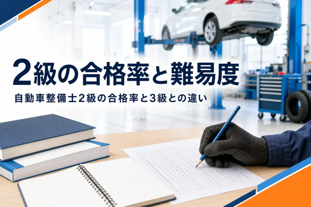 自動車整備士2級の合格率と難易度、3級との違いを紹介する記事のアイキャッチ。教科書と答案用紙が置かれた机