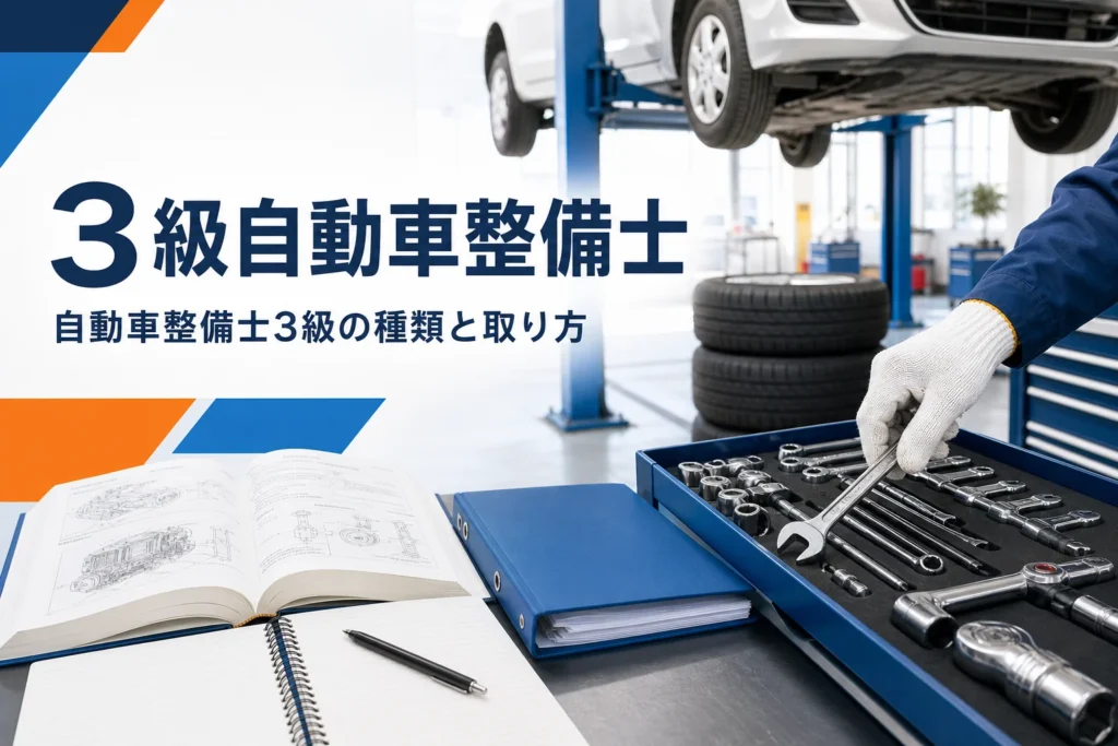 3級自動車整備士の種類と取り方を紹介する記事のアイキャッチ。整備工場の工具ワゴンと教科書