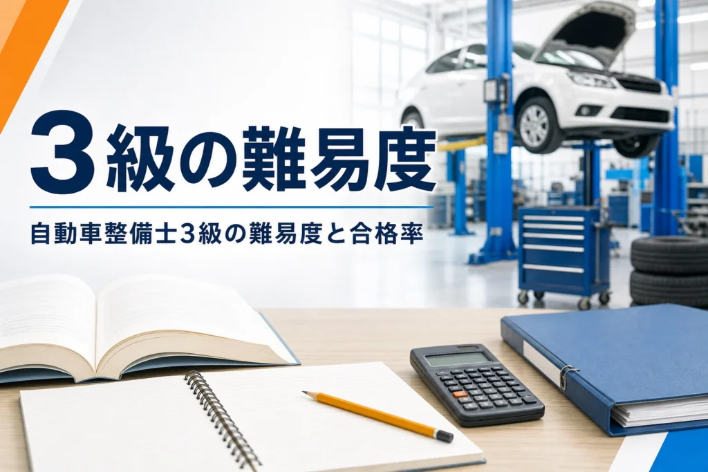 自動車整備士3級の難易度と合格率を紹介する記事のアイキャッチ。教科書と電卓が置かれた机と整備工場