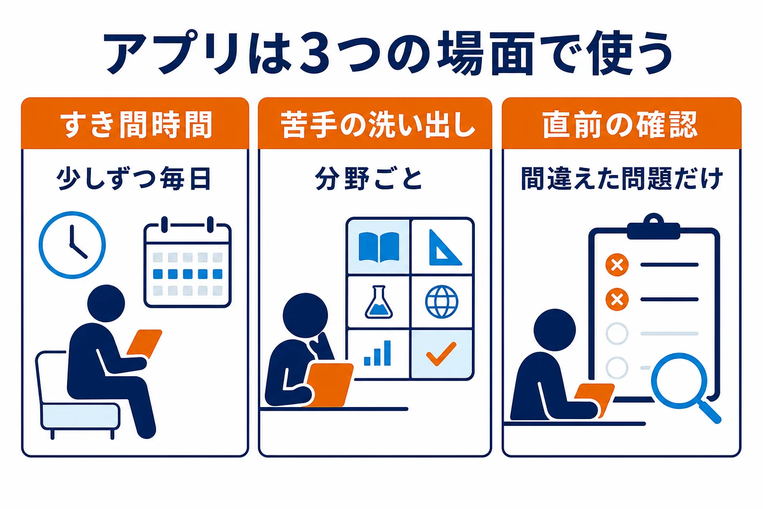 自動車整備士の問題アプリを、すき間時間・苦手の洗い出し・直前の確認の3つの場面で使い分ける図解