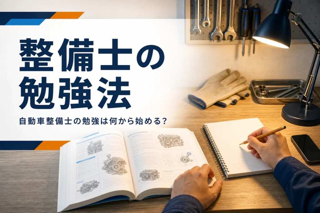 自動車整備士の勉強法を紹介する記事のアイキャッチ。教科書とノート、スマートフォンが置かれた机