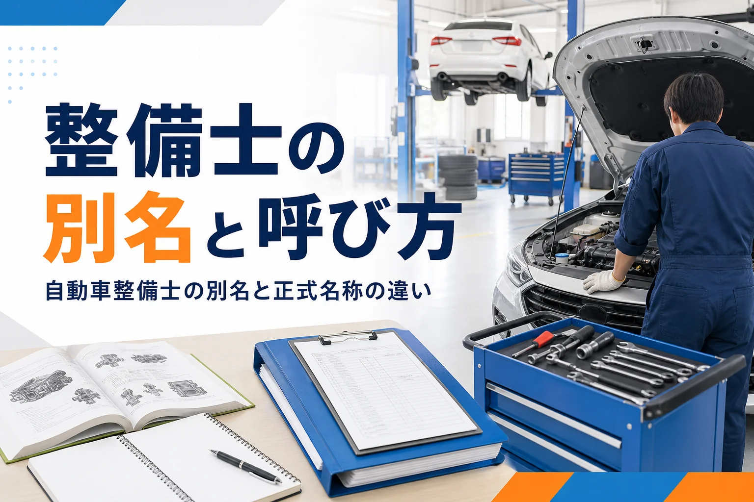 自動車整備士の別名や呼び方と正式名称の違いを紹介する記事のアイキャッチ。整備工場の作業場
