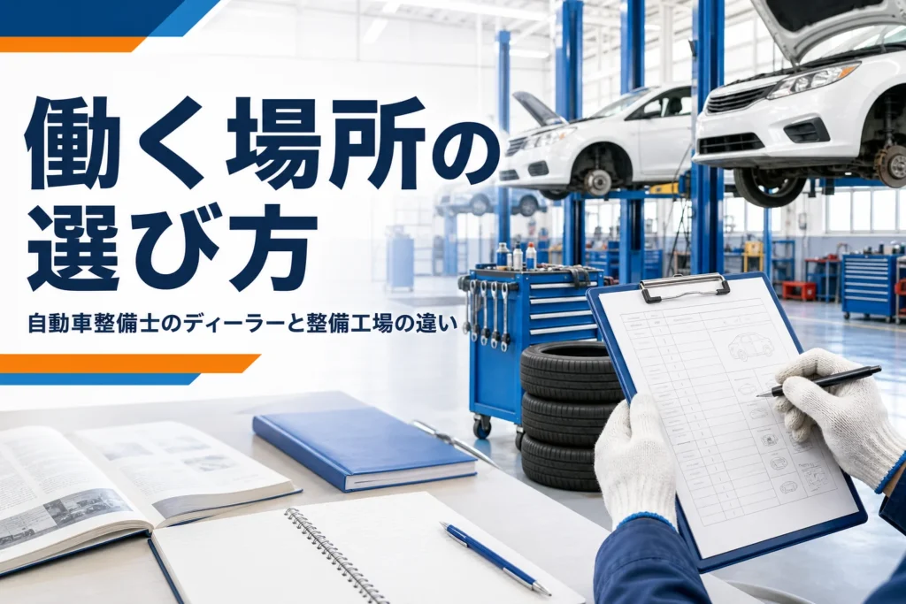 ディーラーと整備工場の自動車整備士の違いと働く場所の選び方を紹介する記事のアイキャッチ。リフトが並ぶ整備工場
