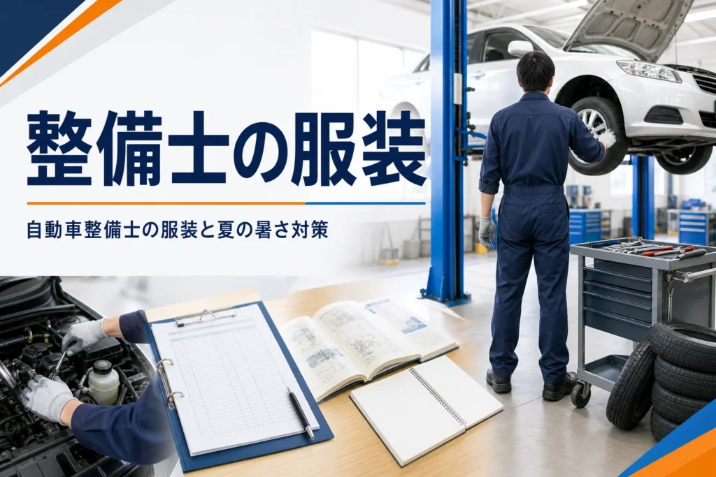 自動車整備士の服装を、つなぎ・安全靴・夏の暑さ対策の観点で紹介する記事のアイキャッチ。つなぎ姿の整備士の後ろ姿