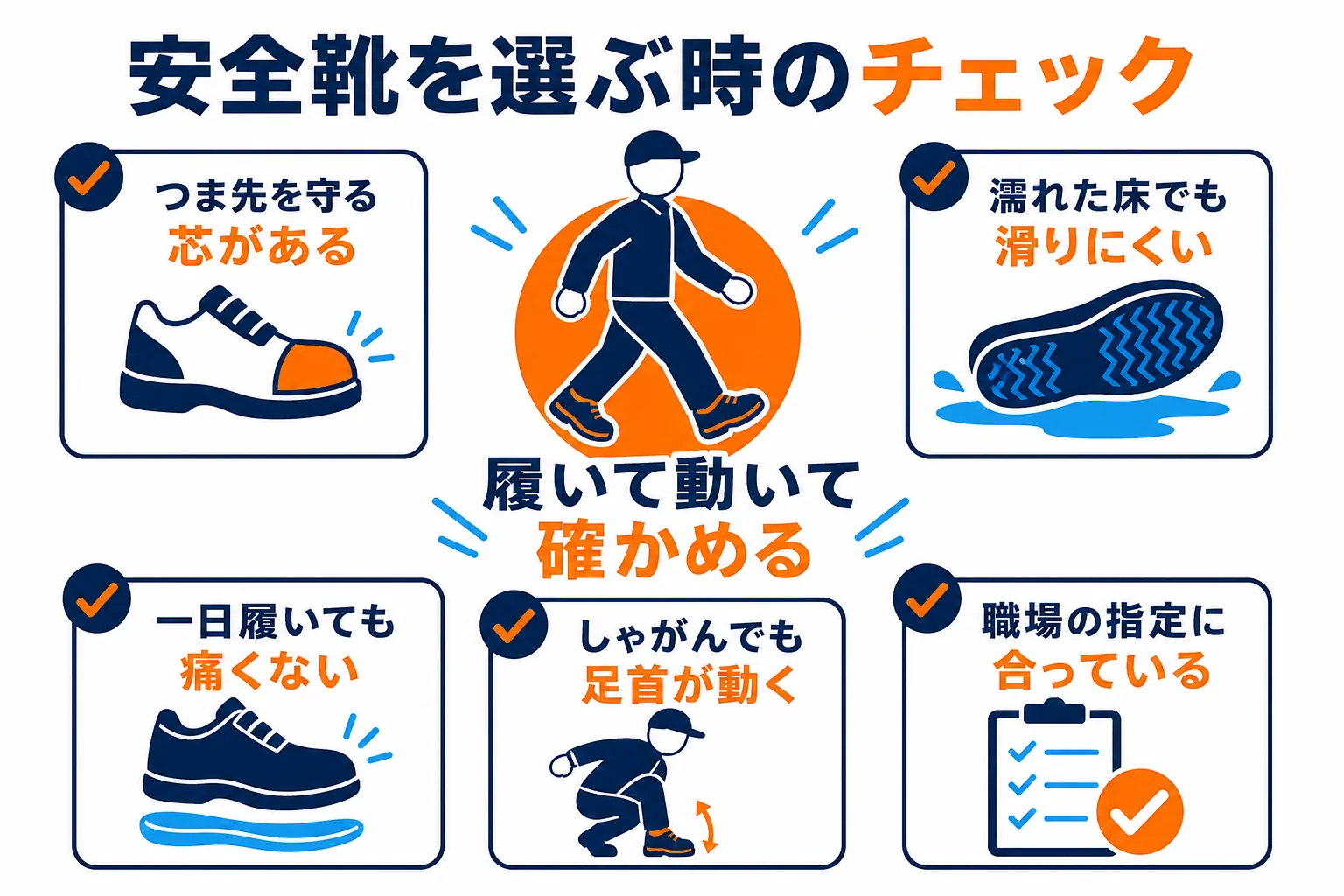 安全靴を選ぶ時に確かめたい、つま先の保護・滑りにくさ・サイズなどのポイントをまとめた図解