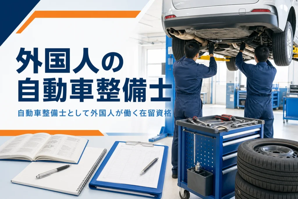 外国人が自動車整備士として働く在留資格と流れを紹介する記事のアイキャッチ。整備工場で並んで作業する2人の後ろ姿