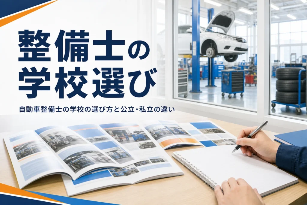 自動車整備士の学校の選び方と公立・私立の違いを紹介する記事のアイキャッチ。パンフレットを広げた机