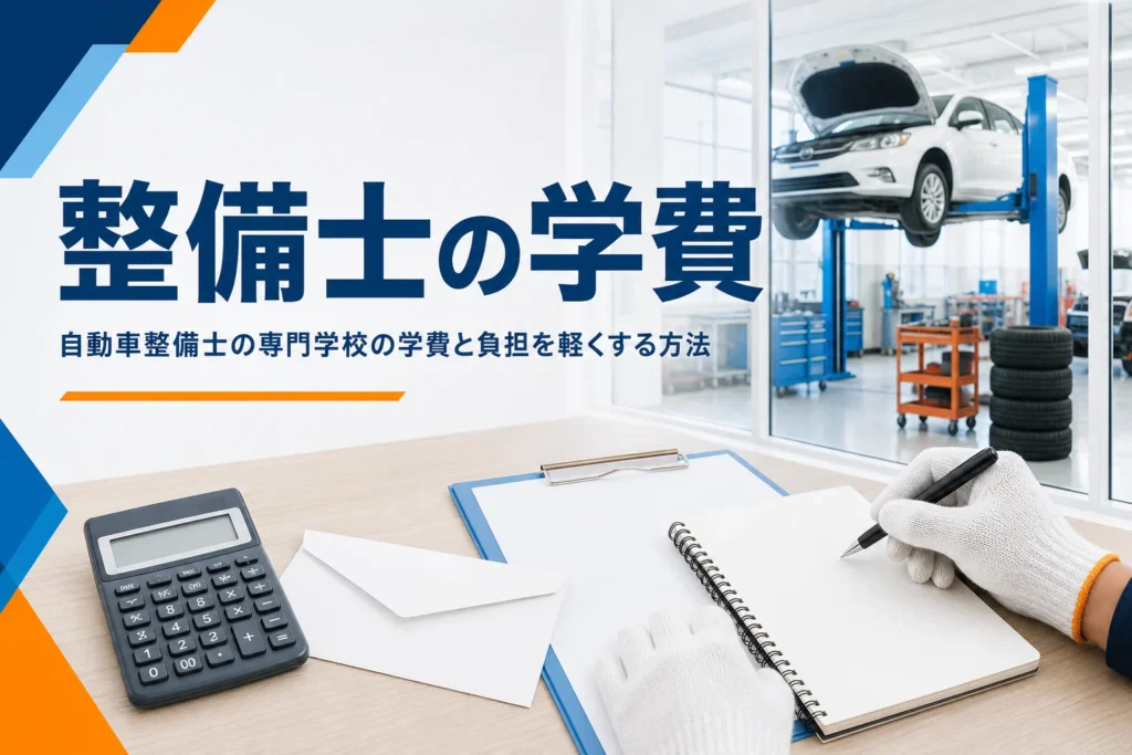 自動車整備士の専門学校の学費と負担を軽くする方法を紹介する記事のアイキャッチ。電卓と書類が置かれた机