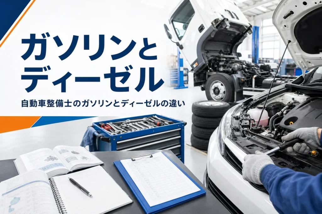 自動車整備士のガソリンとディーゼルの違いを紹介する記事のアイキャッチ。整備工場に並ぶ乗用車とトラック
