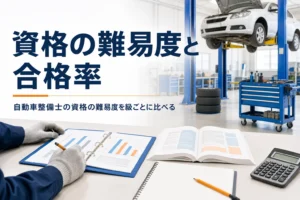 自動車整備士の資格の難易度と合格率を紹介する記事のアイキャッチ。資料と教科書が置かれた整備工場の机