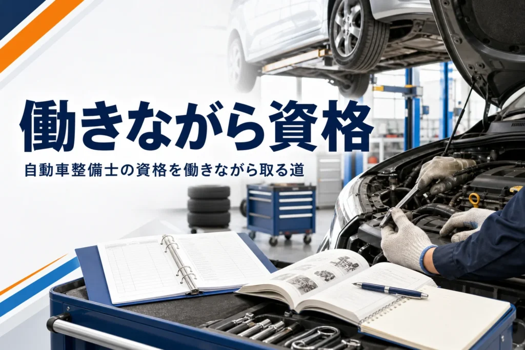 働きながら自動車整備士の資格を取る道を紹介する記事のアイキャッチ。整備工場の手元と教科書