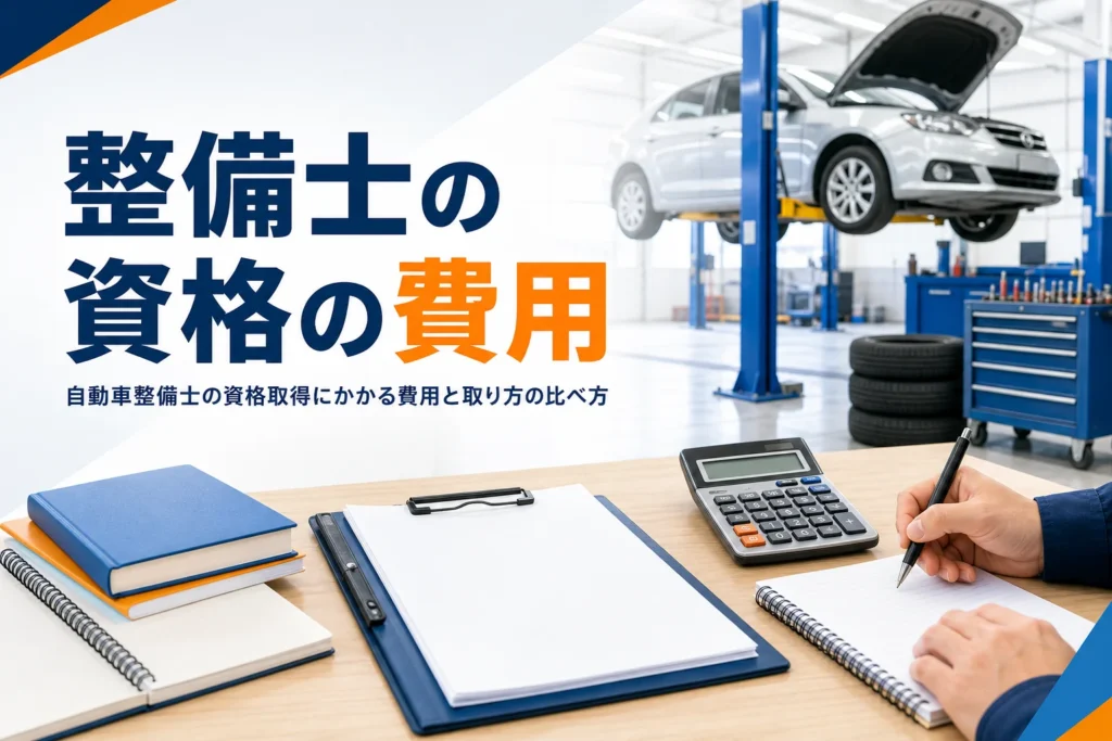 自動車整備士の資格取得にかかる費用と、学校・講習・独学の比べ方を紹介する記事のアイキャッチ。電卓と教科書が置かれた机