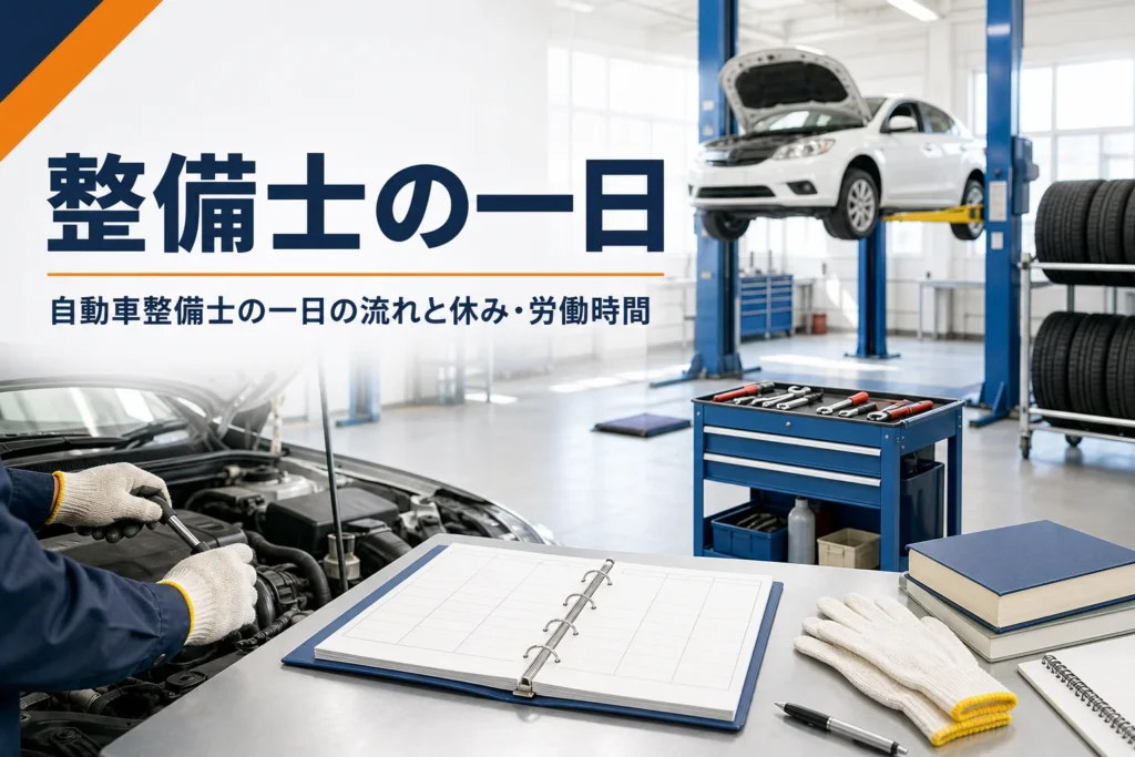 自動車整備士の一日の流れを紹介する記事のアイキャッチ。朝の整備工場と予定表のバインダー