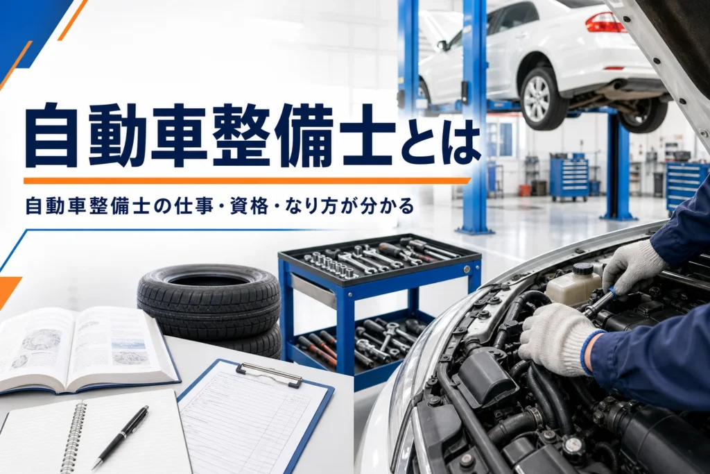 自動車整備士とはどんな仕事かを紹介する記事のアイキャッチ。整備工場でエンジンルームを点検する手元