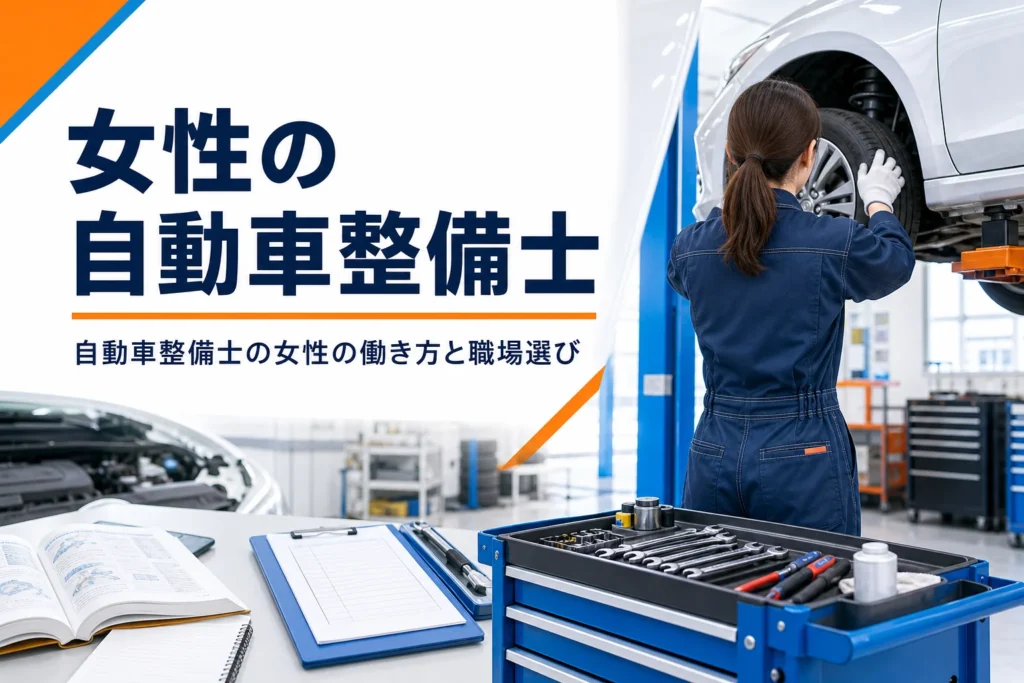 女性の自動車整備士の働き方と職場選びを紹介する記事のアイキャッチ。整備工場で車を点検する整備士の後ろ姿