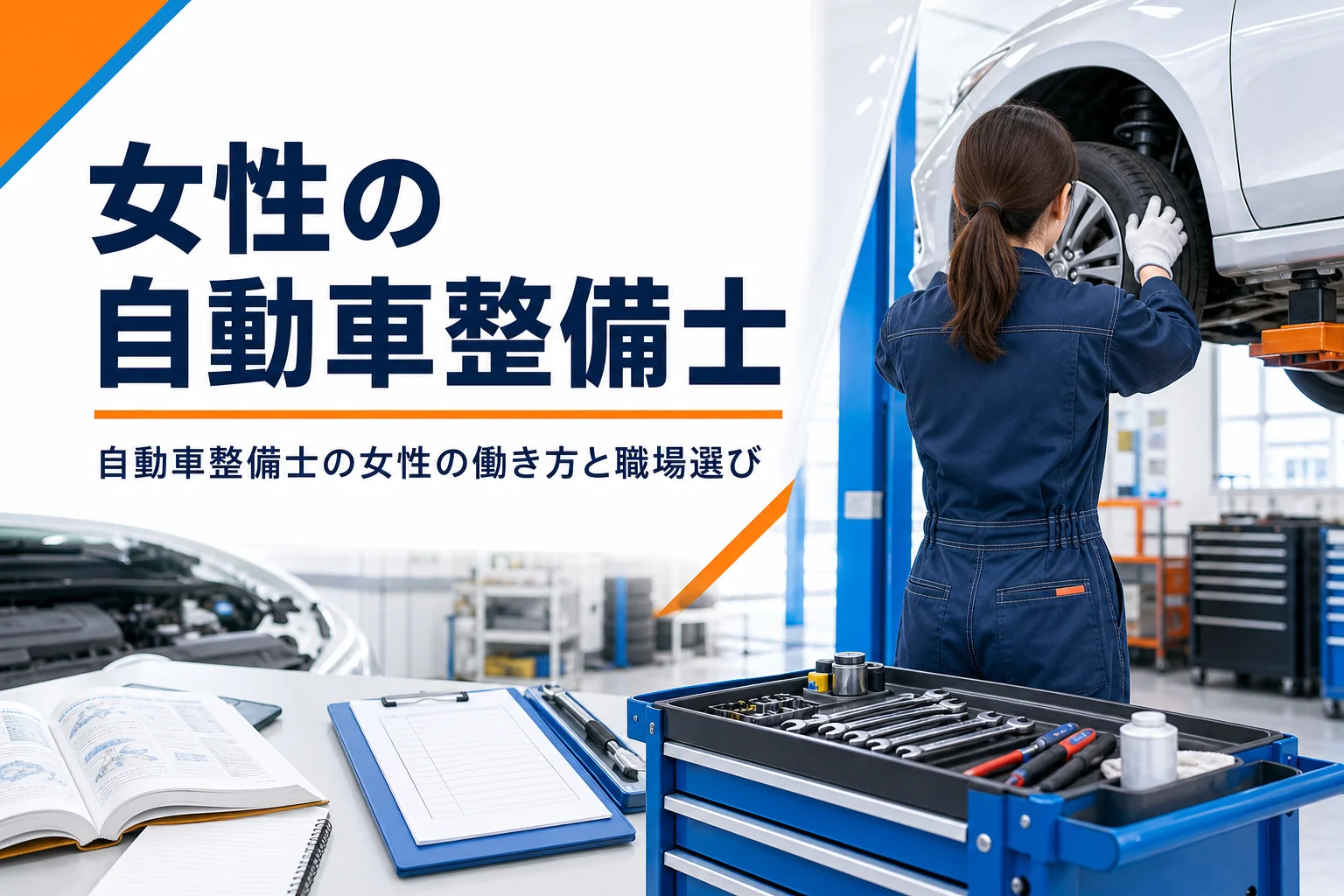 女性の自動車整備士の働き方と職場選びを紹介する記事のアイキャッチ。整備工場で車を点検する整備士の後ろ姿