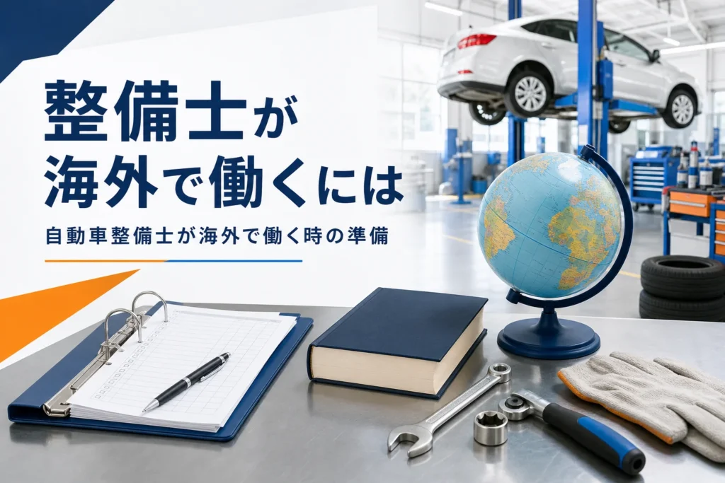 自動車整備士が海外で働く時の資格の扱いと準備を紹介する記事のアイキャッチ。作業台の地球儀と工具