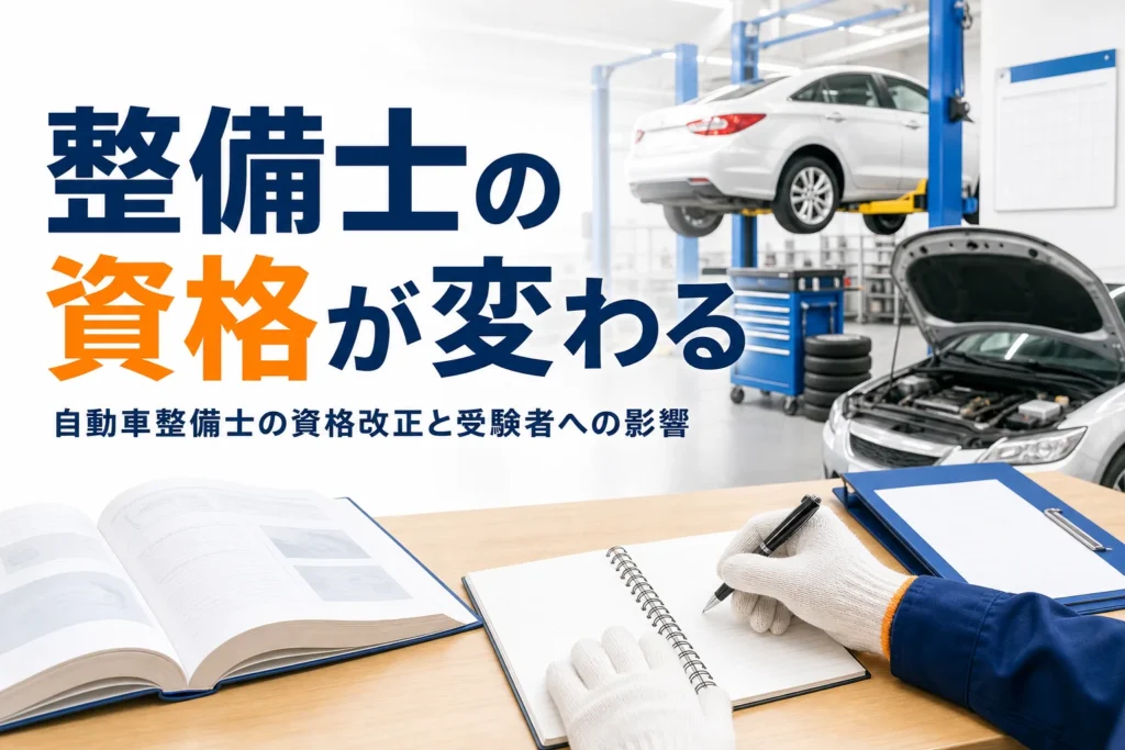 自動車整備士の資格制度の改正で変わった点と、今の受験者への影響を紹介する記事のアイキャッチ。実習場の机と教科書