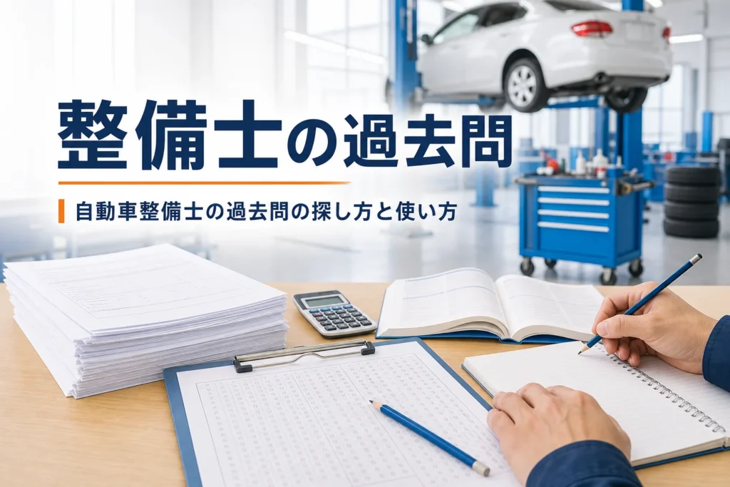 自動車整備士の過去問の探し方と使い方を紹介する記事のアイキャッチ。問題用紙と電卓、教科書が置かれた机