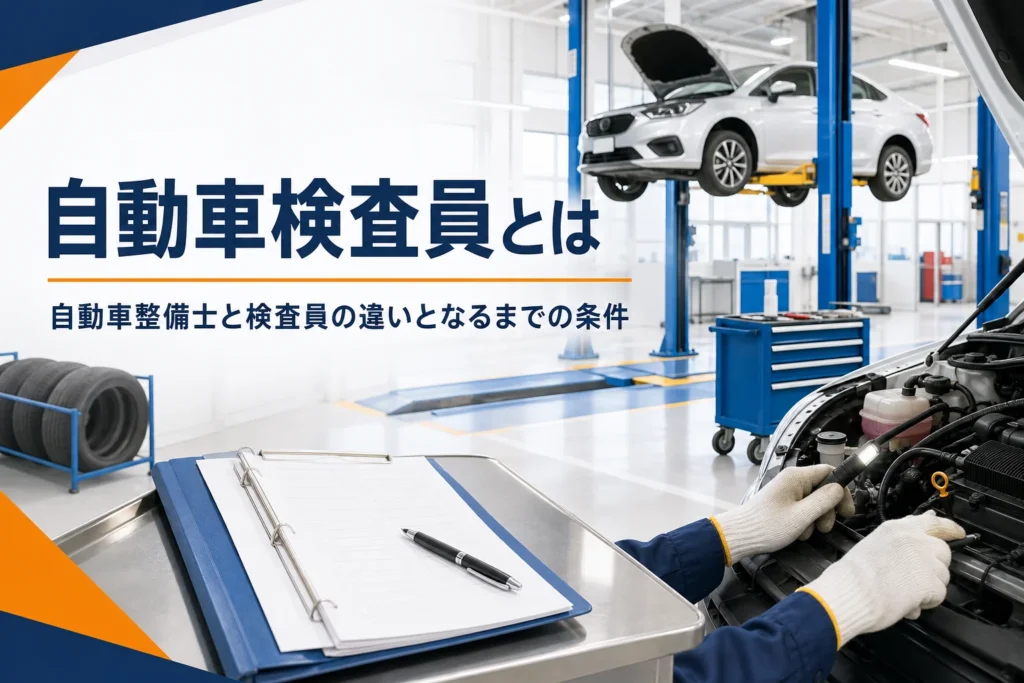 自動車整備士と自動車検査員の違いと、検査員になるまでの条件を紹介する記事のアイキャッチ。検査ラインと点検記録のバインダー
