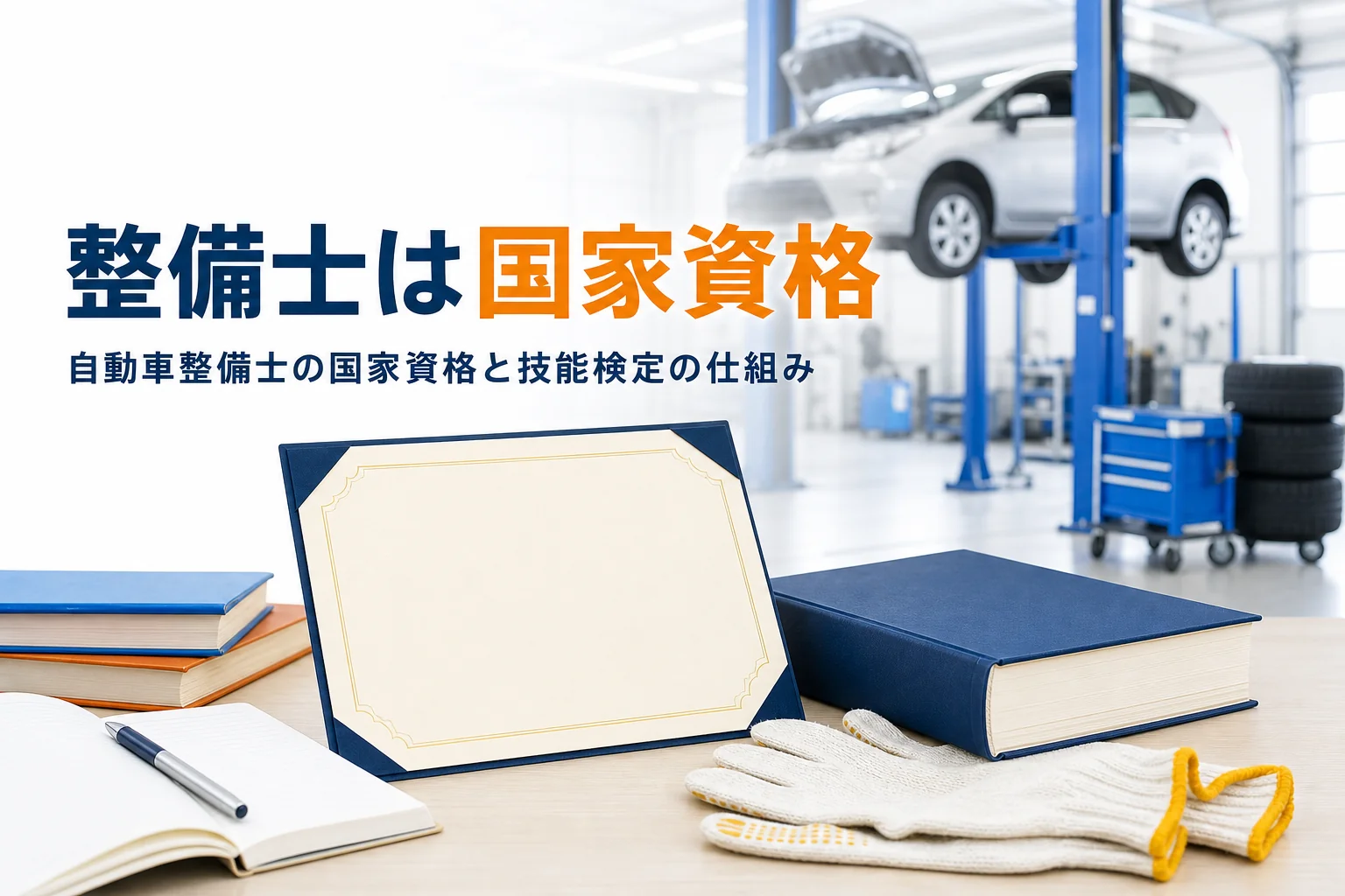 自動車整備士が国家資格であることと技能検定の仕組みを紹介する記事のアイキャッチ。机に置かれた証書と本