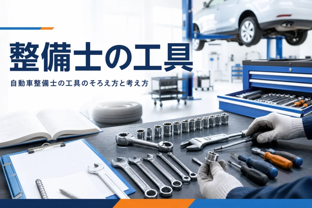 自動車整備士の工具のそろえ方と自前で買う工具の考え方を紹介する記事のアイキャッチ。作業台に並んだ手工具