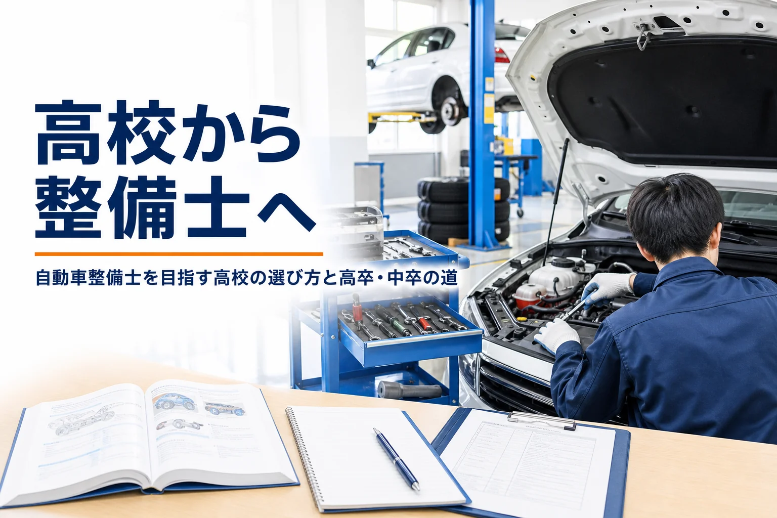 高校から自動車整備士になる道を紹介する記事のアイキャッチ。高校の実習場と教科書