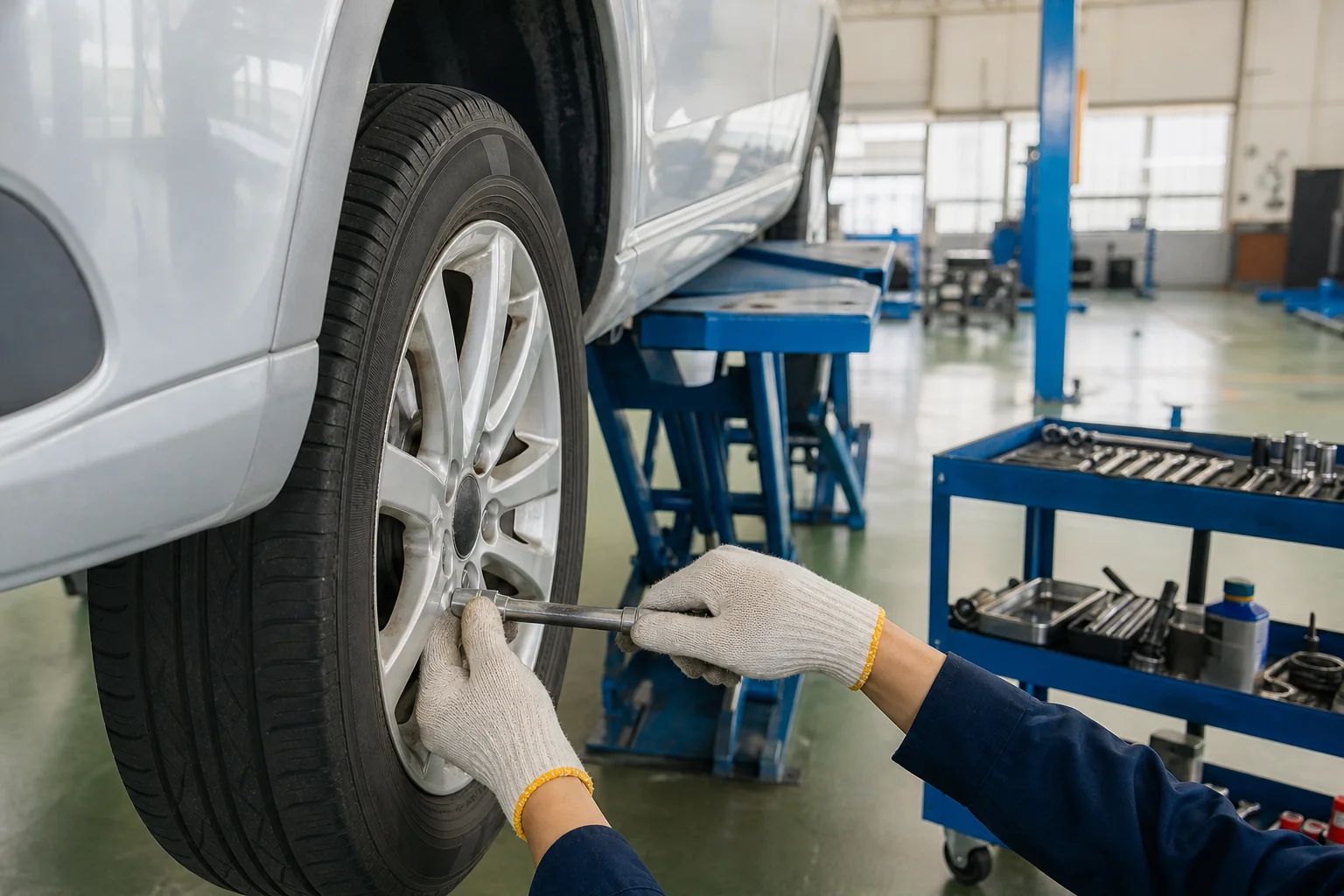 高校の自動車の実習で、工具を使ってタイヤを外す手元の様子