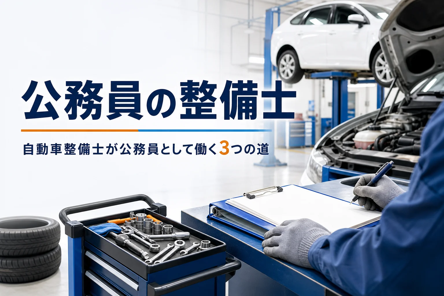 自動車整備士が自衛隊・警察・自治体で公務員として働く道を紹介する記事のアイキャッチ。整備場のリフトと工具ワゴン
