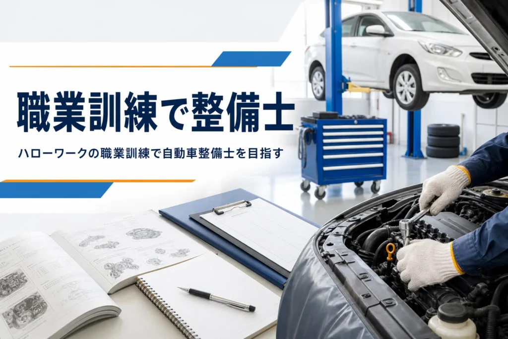 ハローワークの職業訓練で自動車整備士を目指す方法を紹介する記事のアイキャッチ。訓練校の実習場