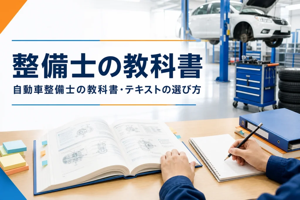 自動車整備士の教科書・テキストの選び方を紹介する記事のアイキャッチ。開いた教科書とノートが置かれた整備工場の机