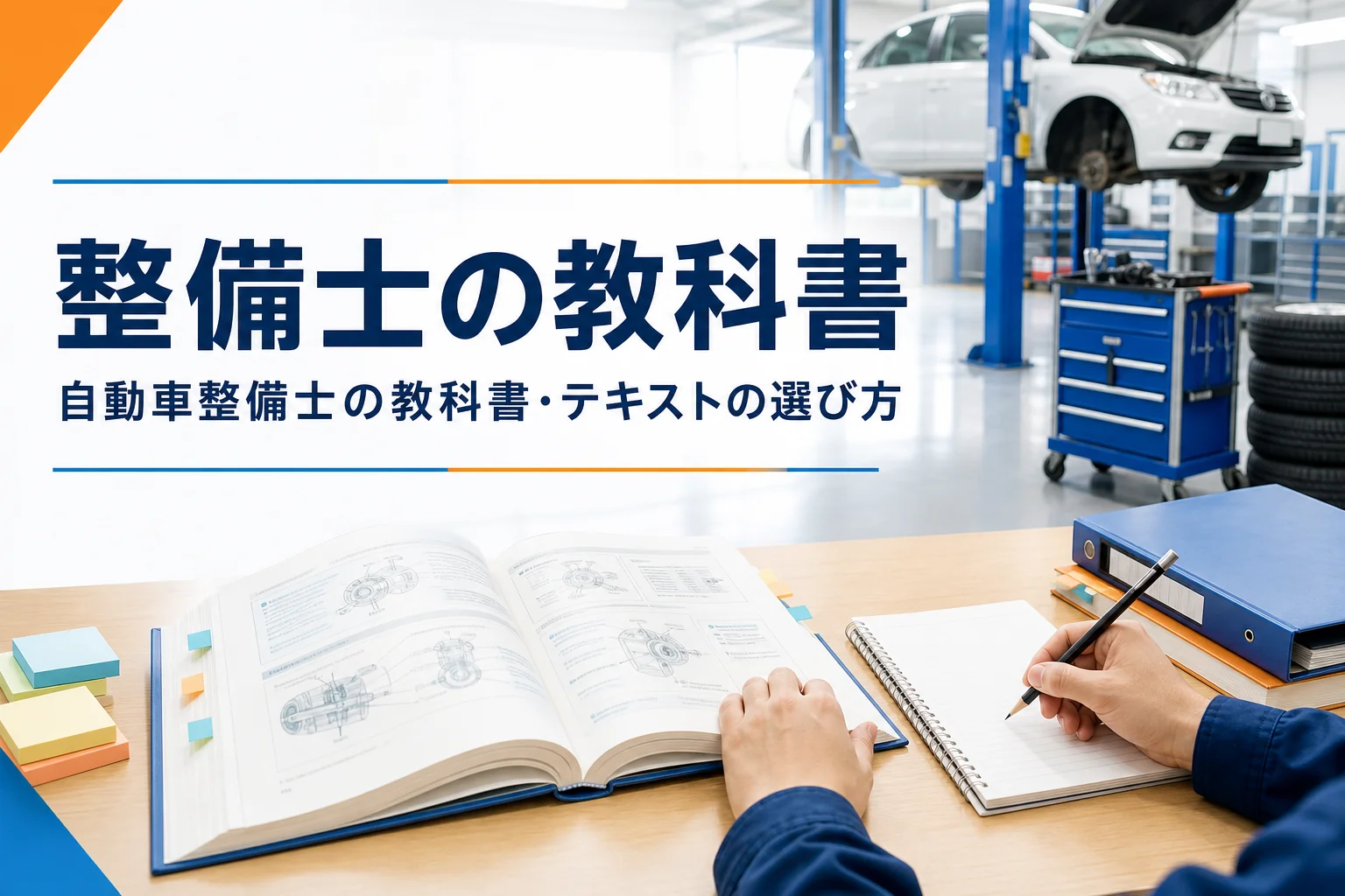 自動車整備士の教科書・テキストの選び方を紹介する記事のアイキャッチ。開いた教科書とノートが置かれた整備工場の机