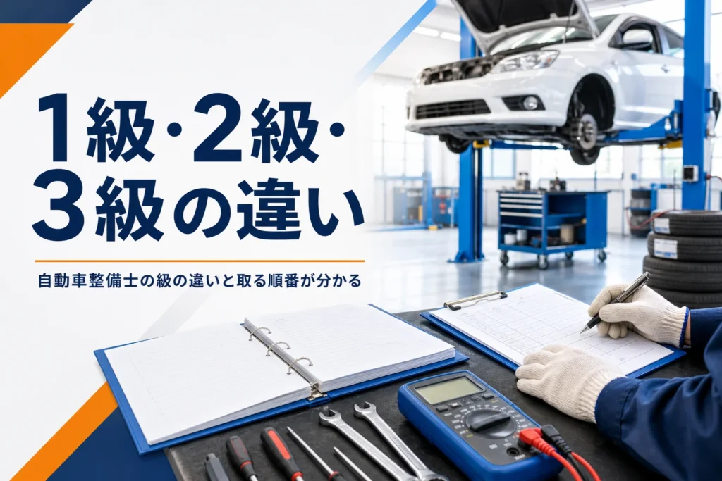 自動車整備士の1級・2級・3級の違いを紹介する記事のアイキャッチ。整備工場の作業台に置かれたテスタと点検記録