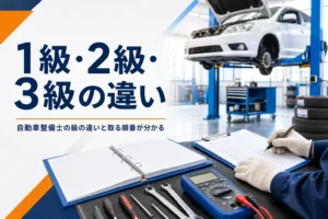 自動車整備士の1級・2級・3級の違いを紹介する記事のアイキャッチ。整備工場の作業台に置かれたテスタと点検記録