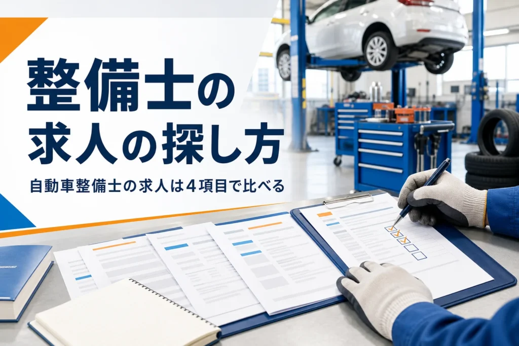 自動車整備士の求人の探し方と比べ方を紹介する記事のアイキャッチ。整備工場の机で求人票を比べる手元