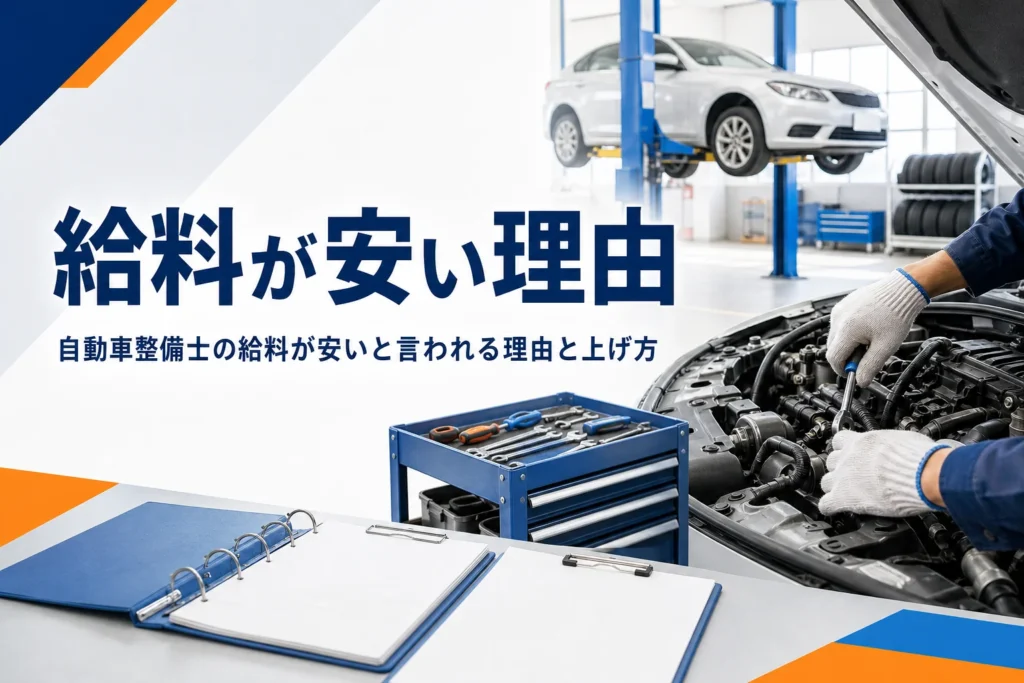 自動車整備士の給料が安いと言われる理由と給料の上げ方を紹介する記事のアイキャッチ。整備工場のエンジンルームと工具
