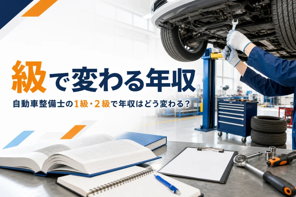 自動車整備士の1級・2級と年収の関係を紹介する記事のアイキャッチ。整備工場で下回りを点検する手元と教科書