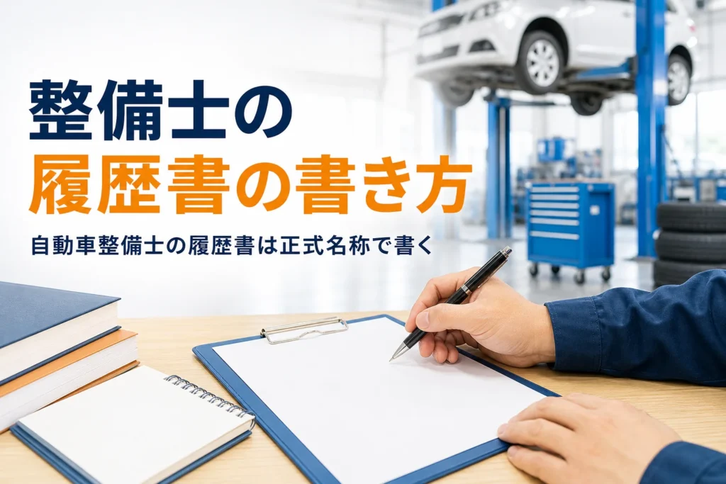 自動車整備士の資格を履歴書に書く方法を紹介する記事のアイキャッチ。整備工場の机に置かれた履歴書とペン
