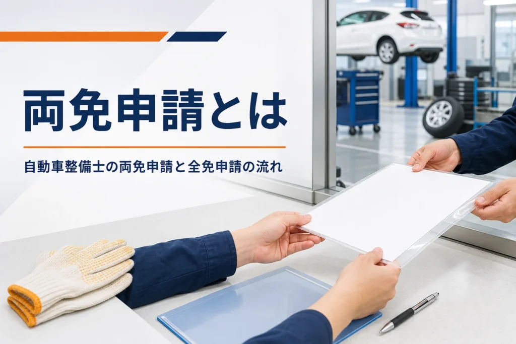 自動車整備士の両免申請・全免申請の仕組みと手続きの流れを紹介する記事のアイキャッチ。窓口に置かれた申請用紙