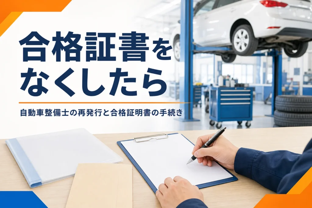 自動車整備士の合格証書をなくした時の再発行の考え方と合格証明書の手続きを紹介する記事のアイキャッチ。机の上の申請用紙