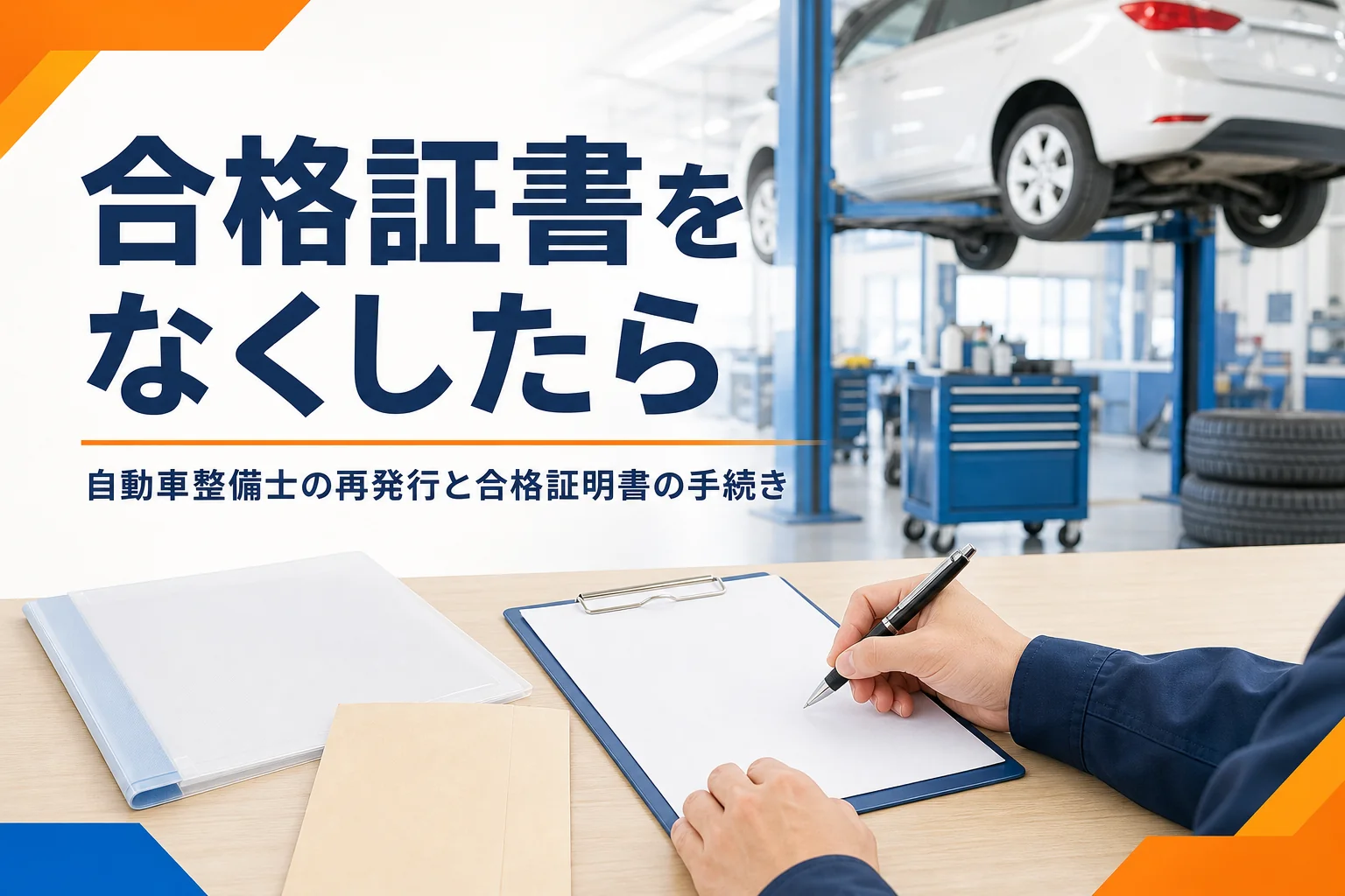 自動車整備士の合格証書をなくした時の再発行の考え方と合格証明書の手続きを紹介する記事のアイキャッチ。机の上の申請用紙