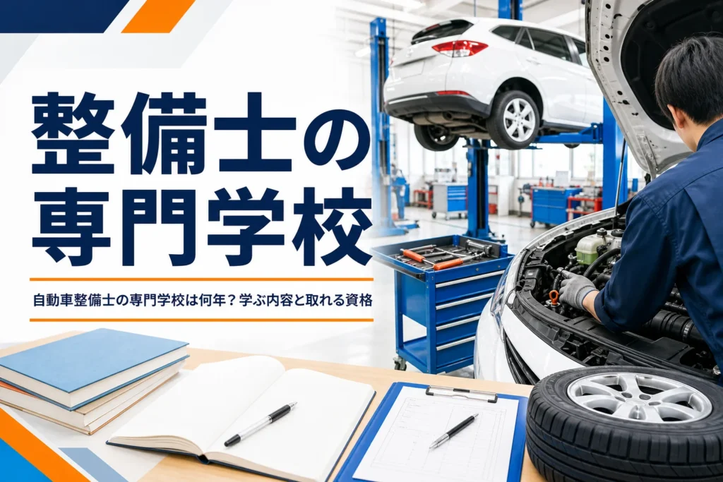 自動車整備士の専門学校の年数と学ぶ内容、取れる資格を紹介する記事のアイキャッチ。専門学校の実習場