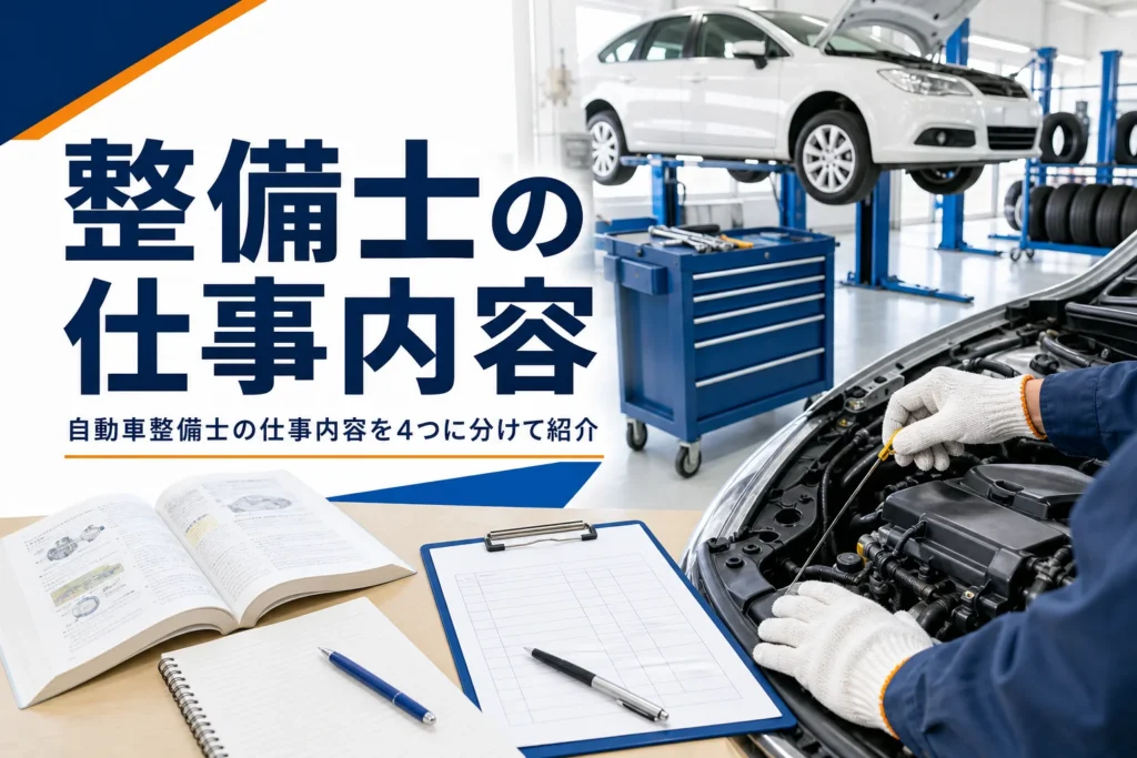自動車整備士の仕事内容を紹介する記事のアイキャッチ。整備工場でリフトに上がった車を点検する手元