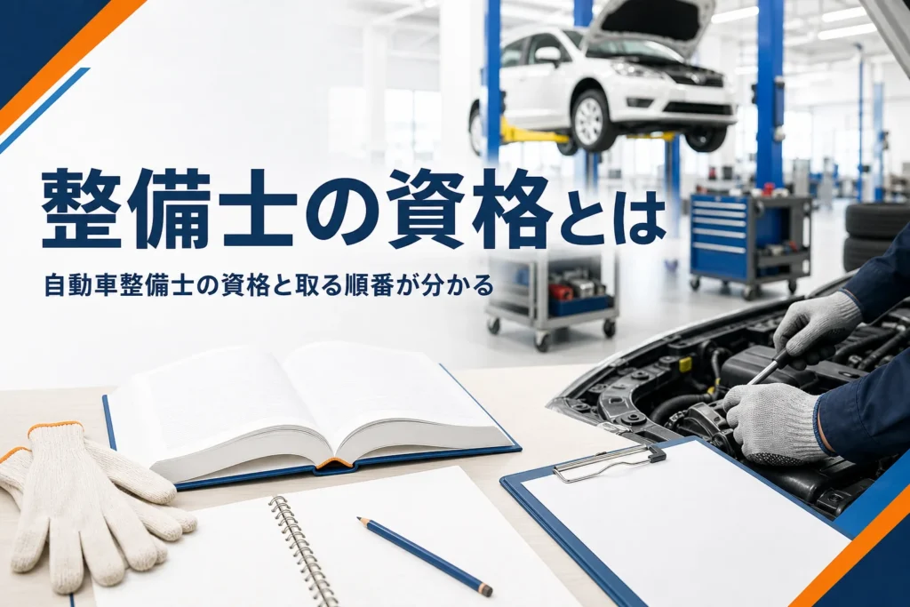 自動車整備士の資格と取る順番を紹介する記事のアイキャッチ。教科書とノートが置かれた机と整備工場