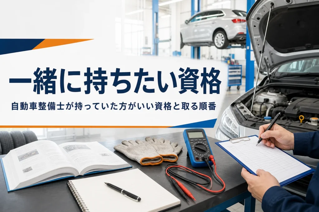 自動車整備士が持っていた方がいい資格と取る順番を紹介する記事のアイキャッチ。整備工場の作業台に並ぶ教科書とテスタ